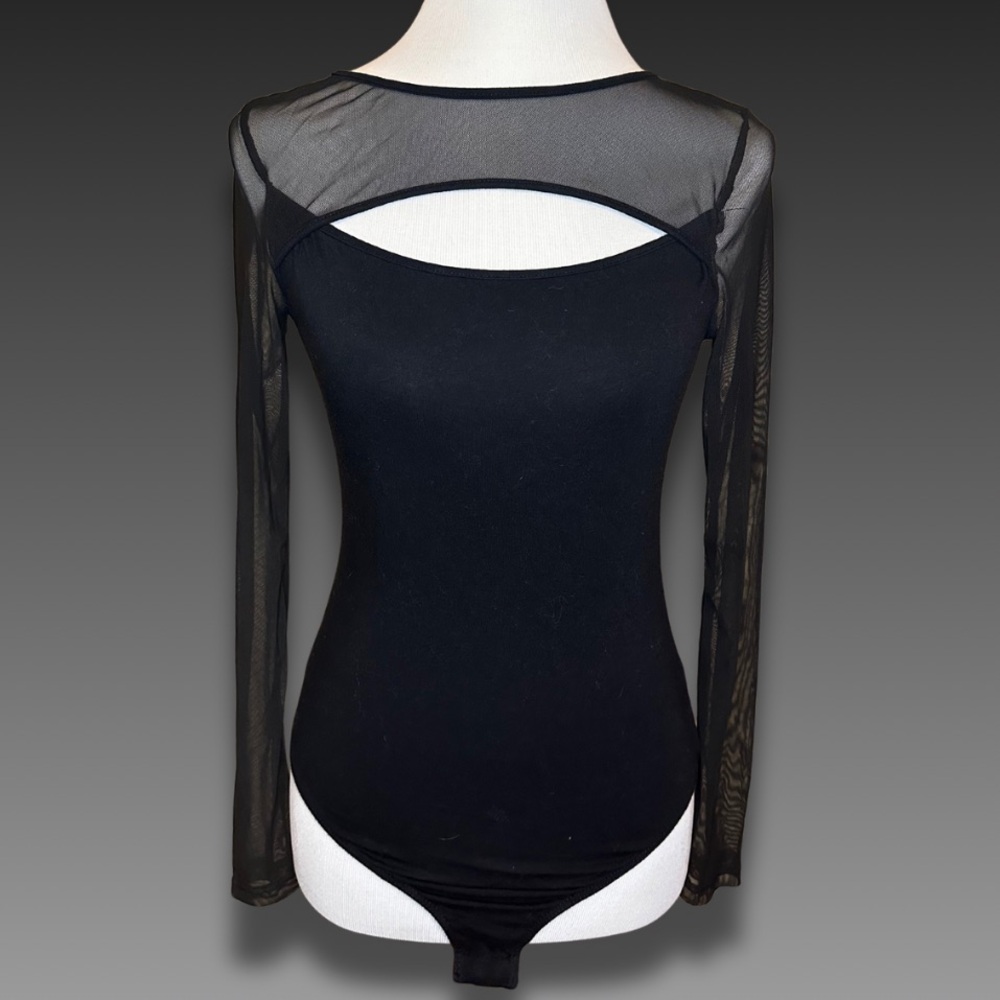Ambiance Black Contrasting Sheer/Mesh Sleeve Bodysuit (size S)